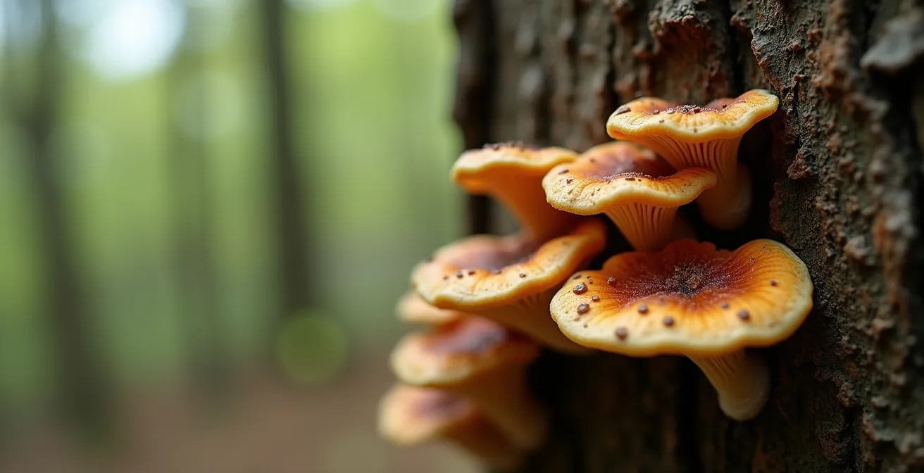 Gros plan sur un tronc d'arbre avec champignons lignivores visibles