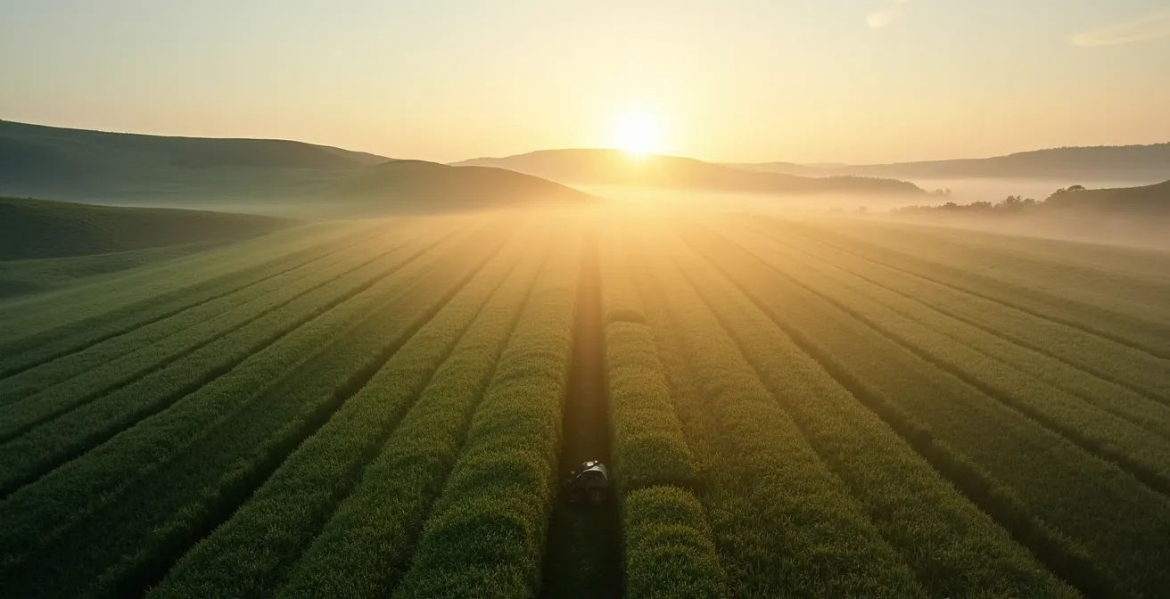 Vue aérienne minimaliste d'un terrain mi-sauvage mi-entretenu