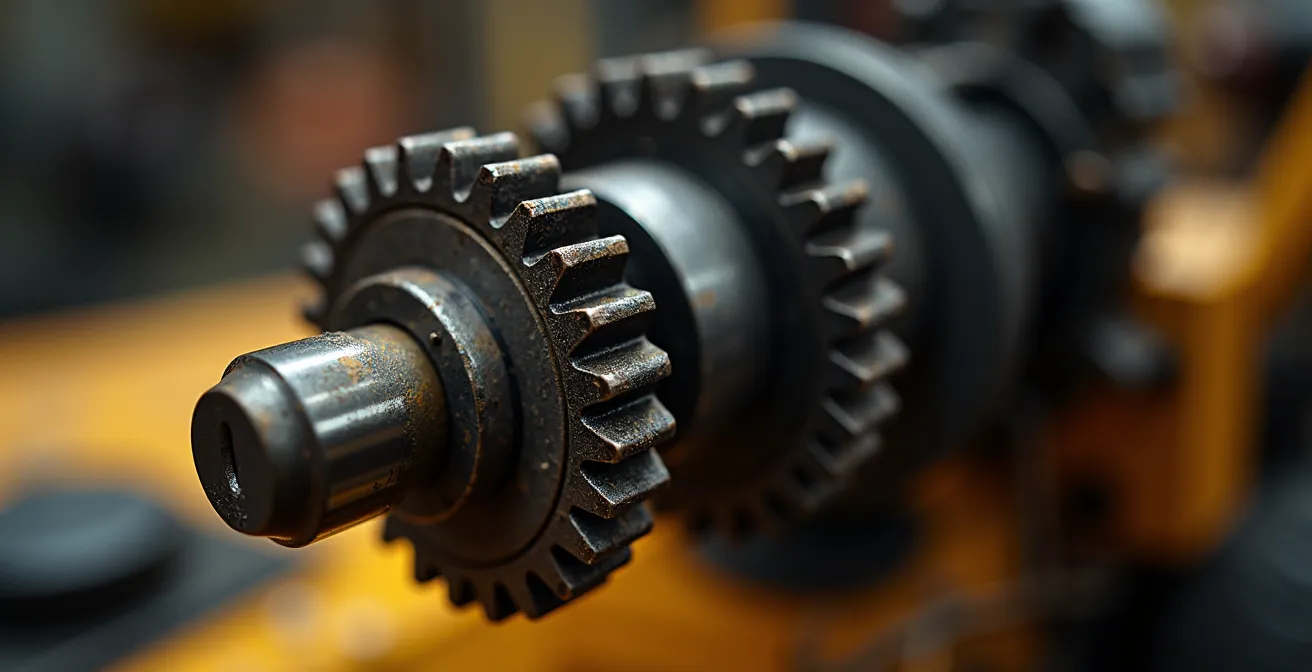 Détail mécanique d'une transmission de tondeuse tractée