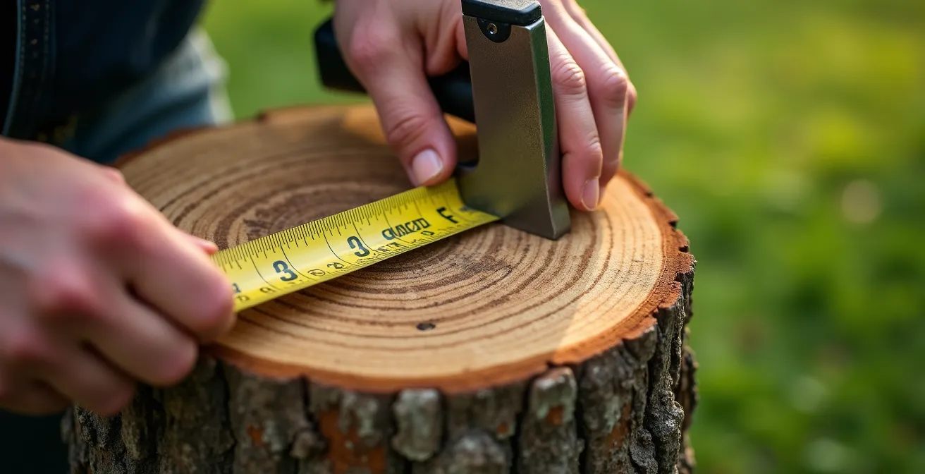Axe Macro & Textural : Mains expertes mesurant diamètre d'une souche avec mètre ruban professionnel