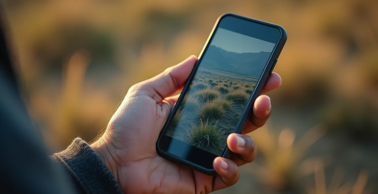 Gros plan sur main tenant un smartphone avec application clinomètre