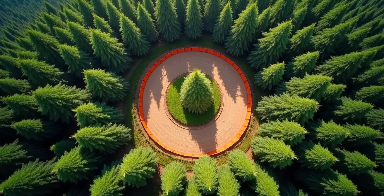 Vue aérienne d'un périmètre de sécurité autour d'arbres malades avec barrières de protection