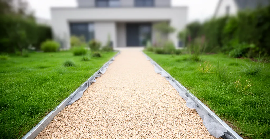 Allée de gravier beige traversant un jardin avec bordure métallique et géotextile apparent
