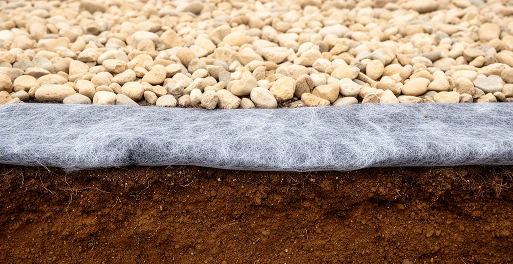 Vue rapprochée des couches superposées terre, géotextile gris et gravier beige