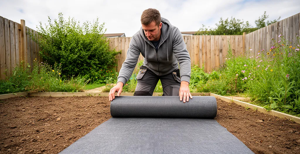 Personne déroulant un rouleau de géotextile gris sur sol préparé dans un jardin résidentiel