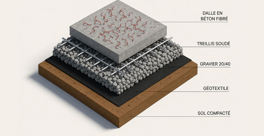 Schéma 3D en coupe d'une dalle béton montrant les couches successives : sol, géotextile, gravier, treillis et béton fibré.