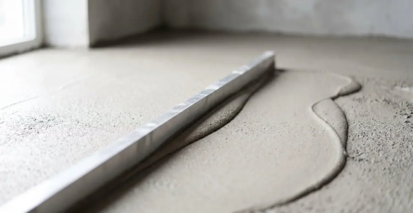 Règle de maçon en aluminium lissant une surface de béton frais gris, créant une finition plane.